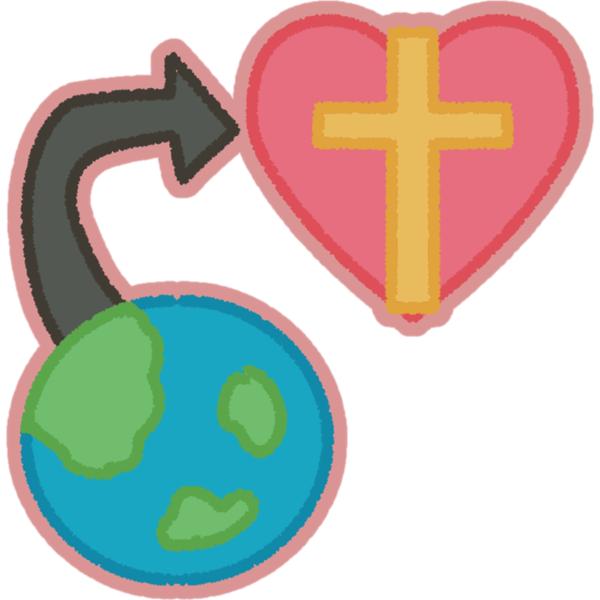 in the bottom left an earth with a black curved arrow pointing to the top right with a pink heart with a yellow cross inside. The entire drawing is outlined in pink